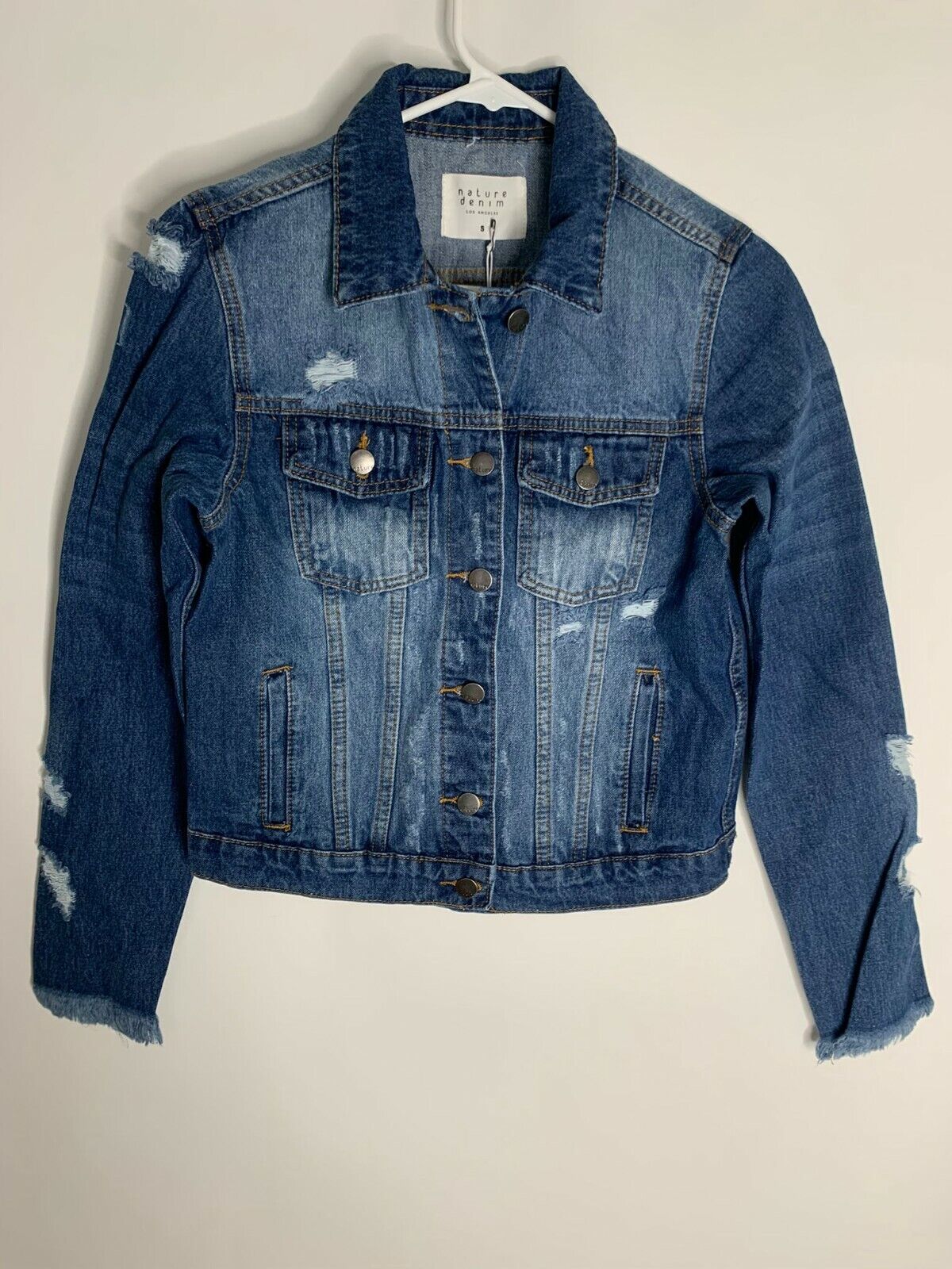 Nature Denim Womens S Distressed Ripped Denim Jean Trucker Jacket Fray Sleeve