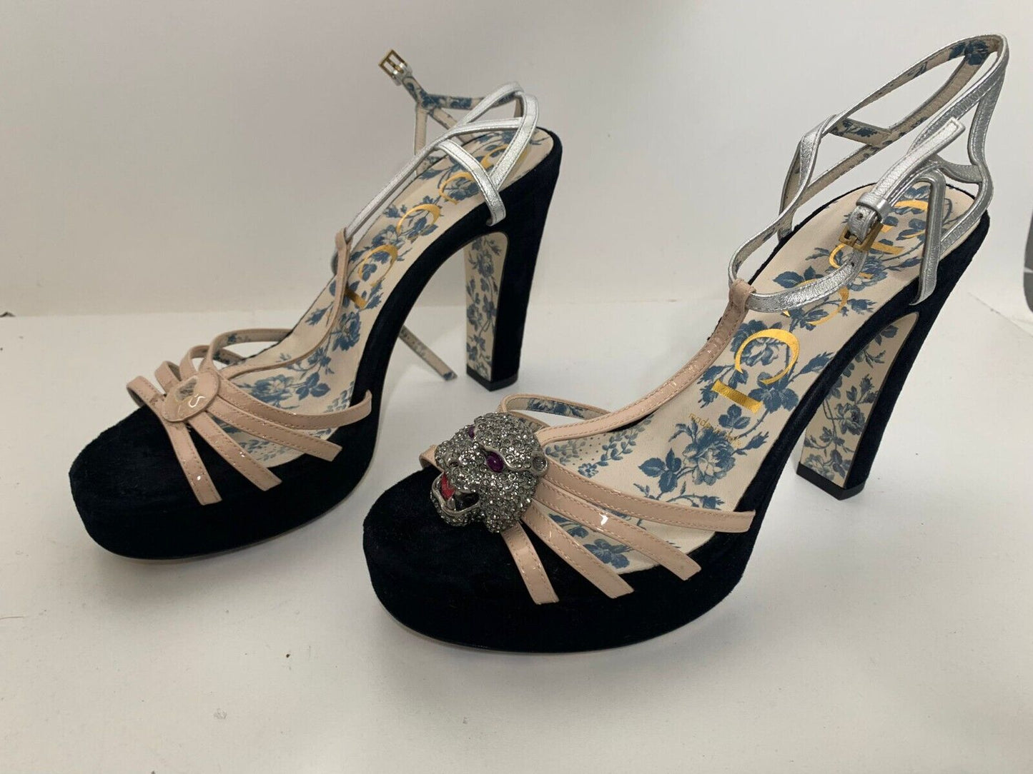 Gucci Womens 37 Black Velvet Elias Crystal Tiger Heel Sandals Platform Strappy