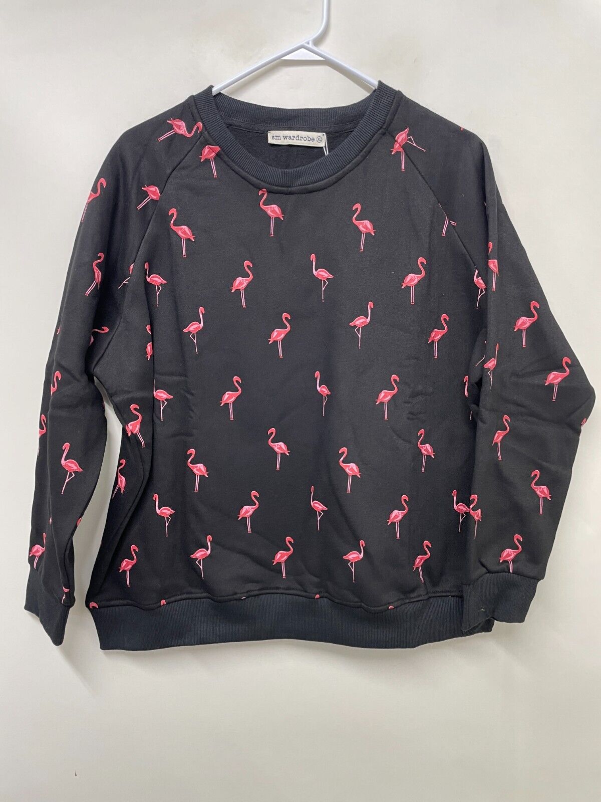 SM Wardrobe Womens XL Flamingo All-Over Print Sweatshirt Black Crewneck SW-85