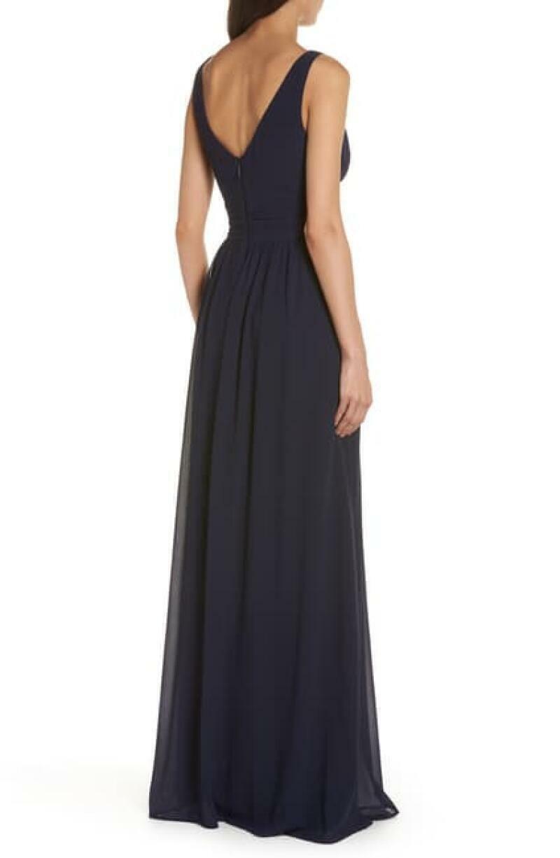Lulus Womens S Navy Blue V-Neck Chiffon Gown Maxi Dress Bridal Leading Role