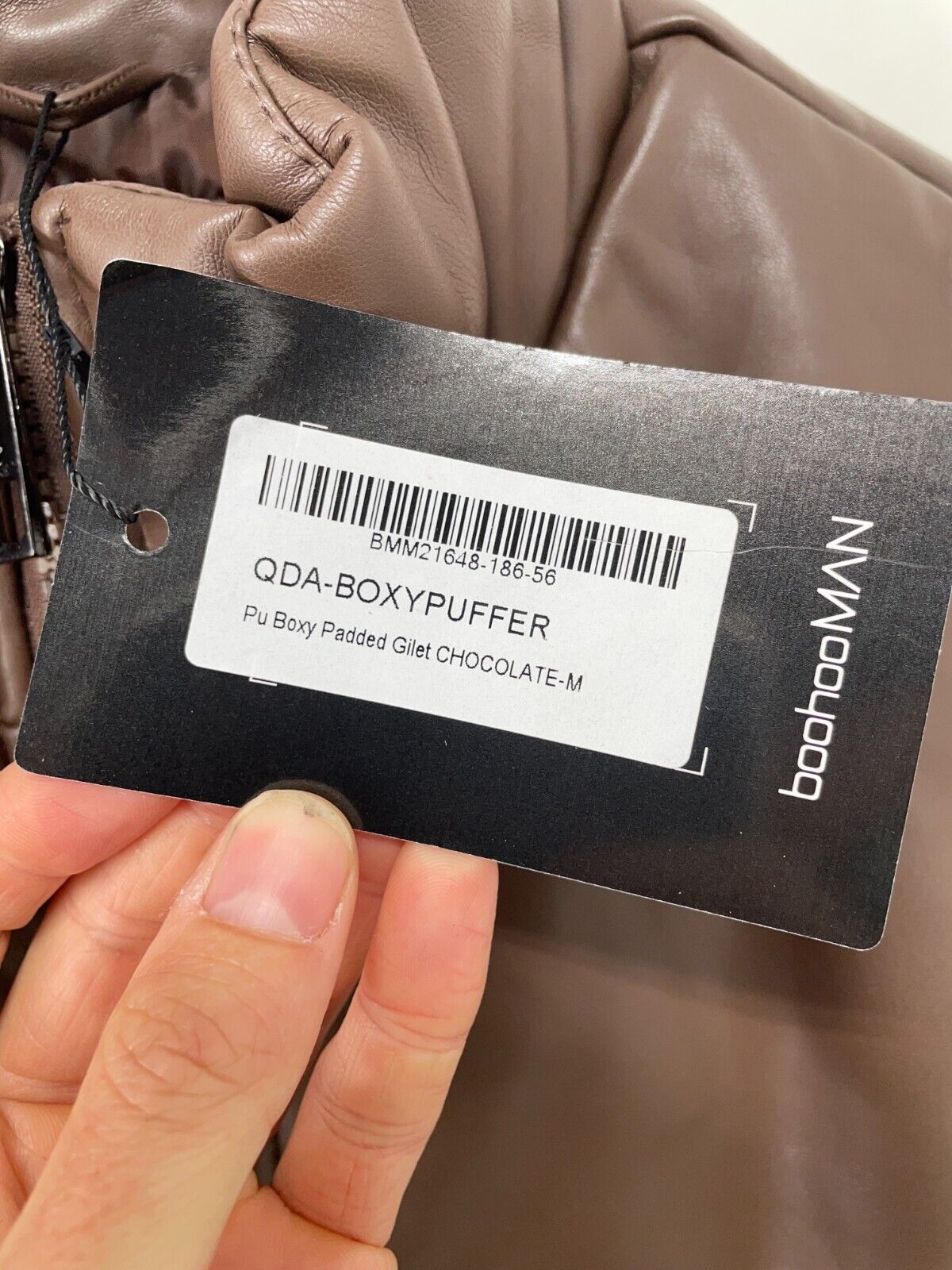 BoohooMAN Mens M PU Boxy Padded Gillet Vest Chocolate Full Zip Collared BMM21648