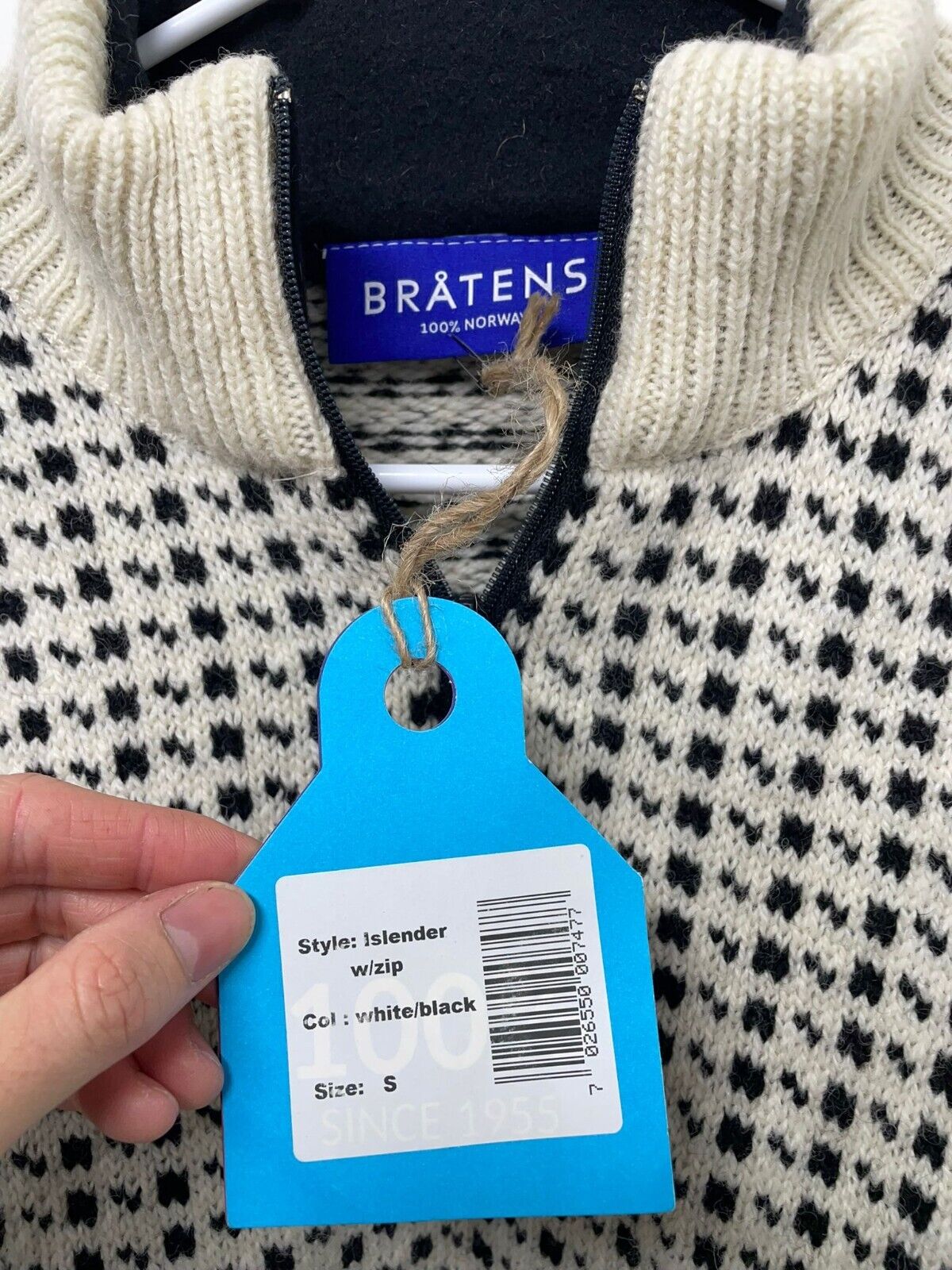 Bratens Adult S White Black Islender Quarter Zip Sweater Norway Wool Pullover