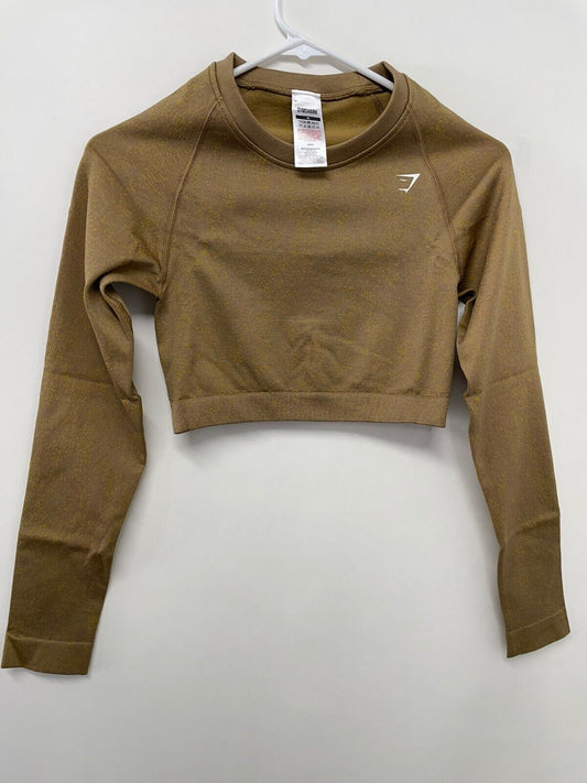 Gymshark Womens M Adapt Fleck Seamless Long Sleeve Crop Top Light Brown Gym