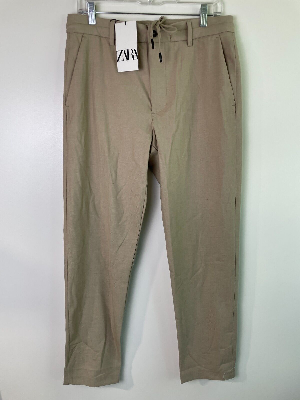 Zara Womens M Tapered Leg Trouser Pants Khaki Drawstring Stretch 6861/363