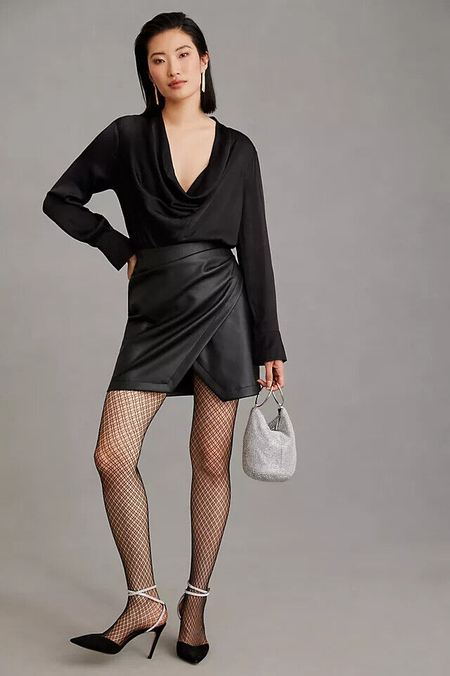 Maeve anthropologie Womens Plunge Faux Leather Mini Dress Cowl Neck Black