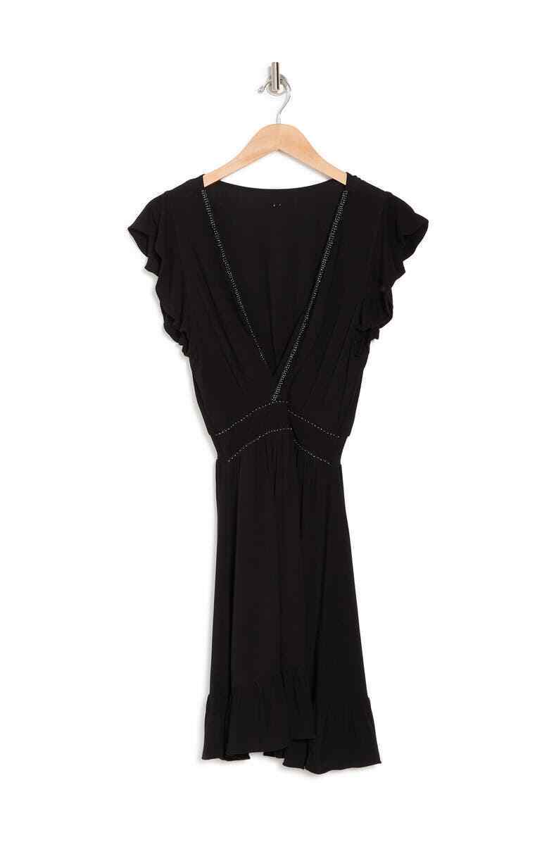 Maaji Womens M Black Swan Cap Sleeve Dress Beaded V Neck Surplice Beach Cover Up