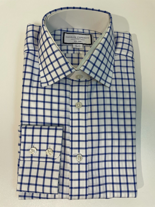 Charles Tyrwhitt Mens 15.5/34 Slim Fit Twill Dress Shirt Cobalt Blue Grid Check