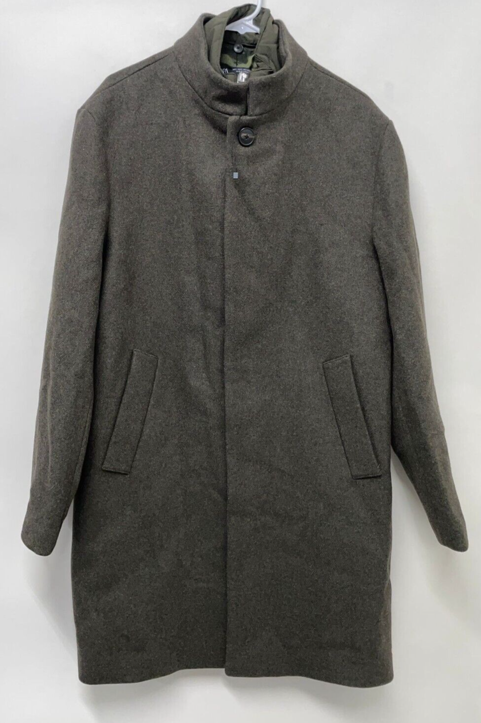 Zara Mens L Removeable Collar Over Coat Army Olive Green 0706/376/507 Bib Wool