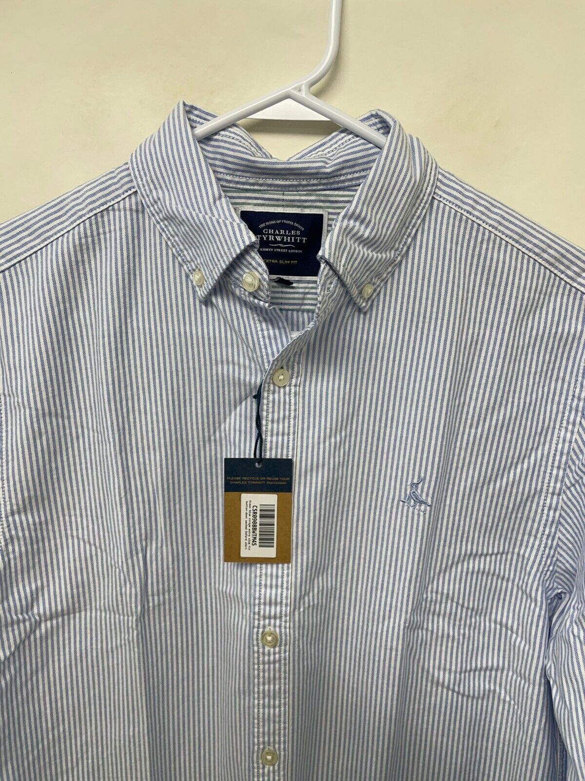 Charles Tyrwhitt Mens M Extra Slim Ocean Blue Stripe Washed Oxford Shirt Button