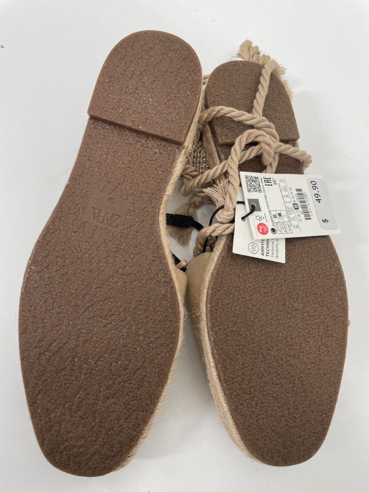Zara Womens 7.5 Mixed Lace-Up Espadrilles Sandals Tan Round Toe 2511/110/202