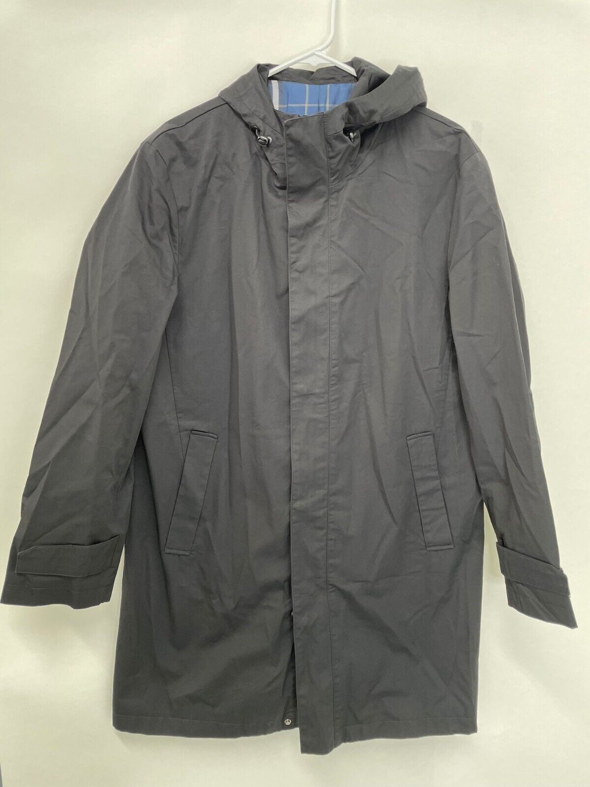 Gentle Herd Mens L Black Cotton Hooded Zip-Up Canvas Coat Long Jacket Trench