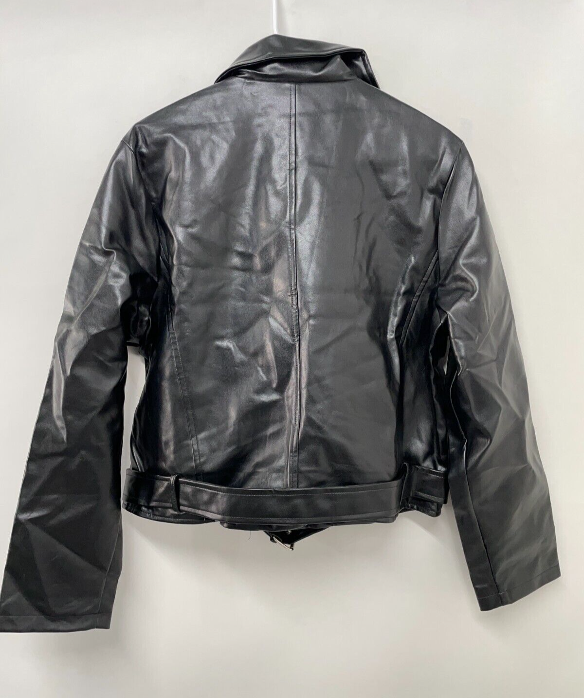 PRETTYLITTLETHING Women's 12 Faux Leather Zip Trim Belted Biker Jacket Black NWT