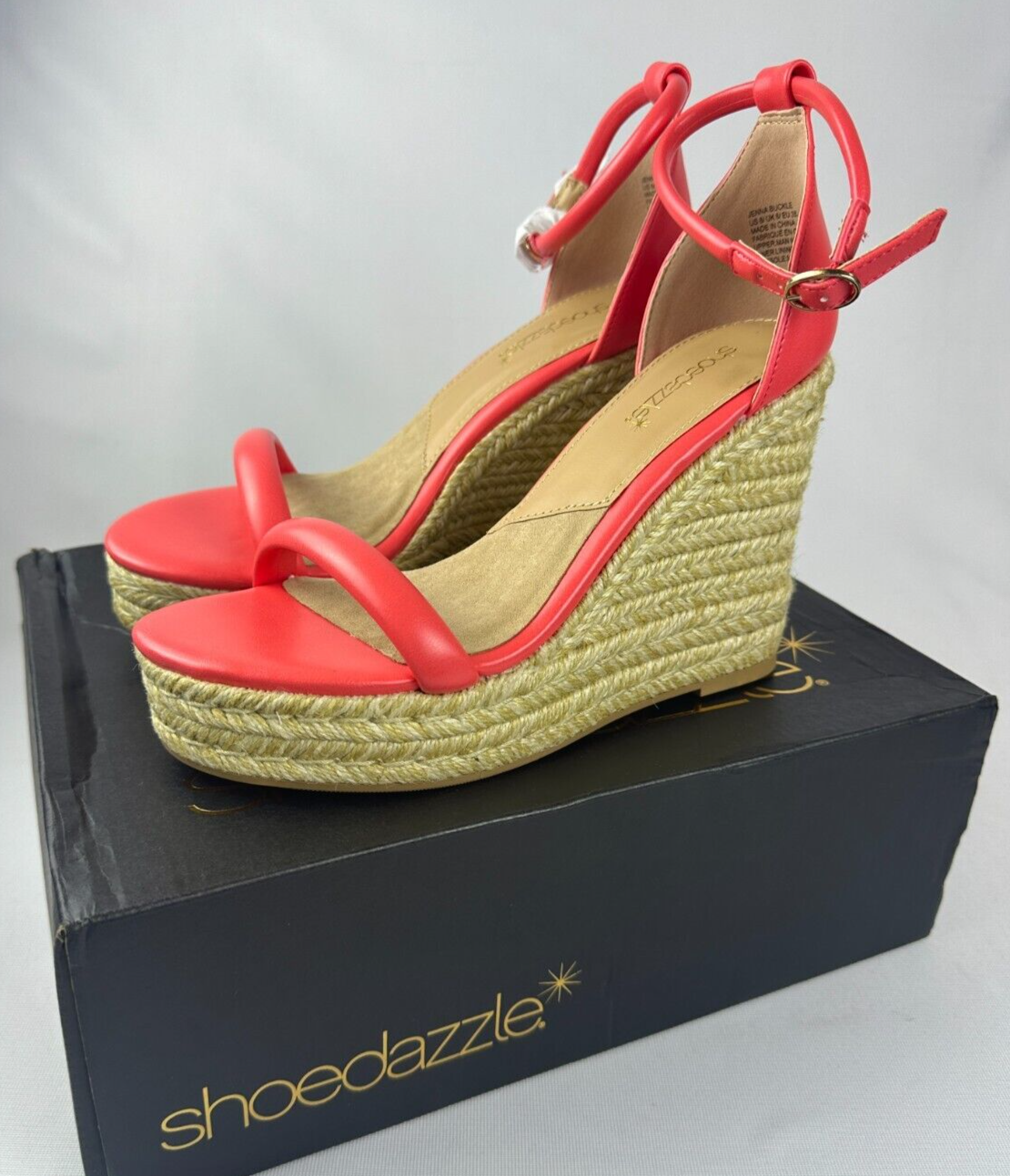 ShoeDazzle Womens 8 Jenna Buckle Hot Coral Espadrille Wedges Sandals Heels