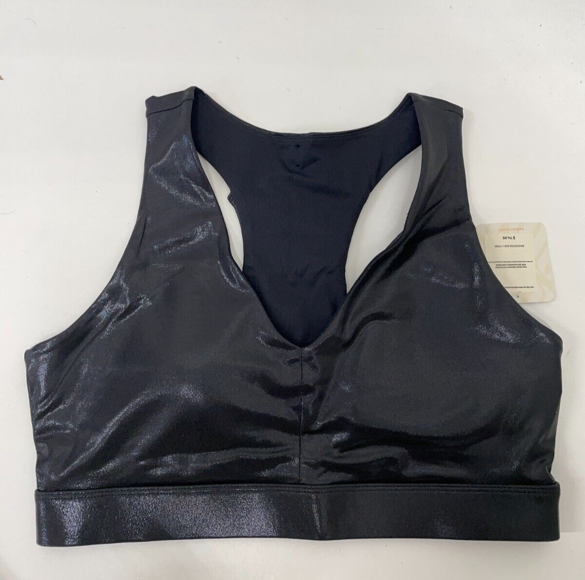 Fabletics Womens L On-The-Go Midi Medium Impact Sports Bra Black Fog Foil V-Neck