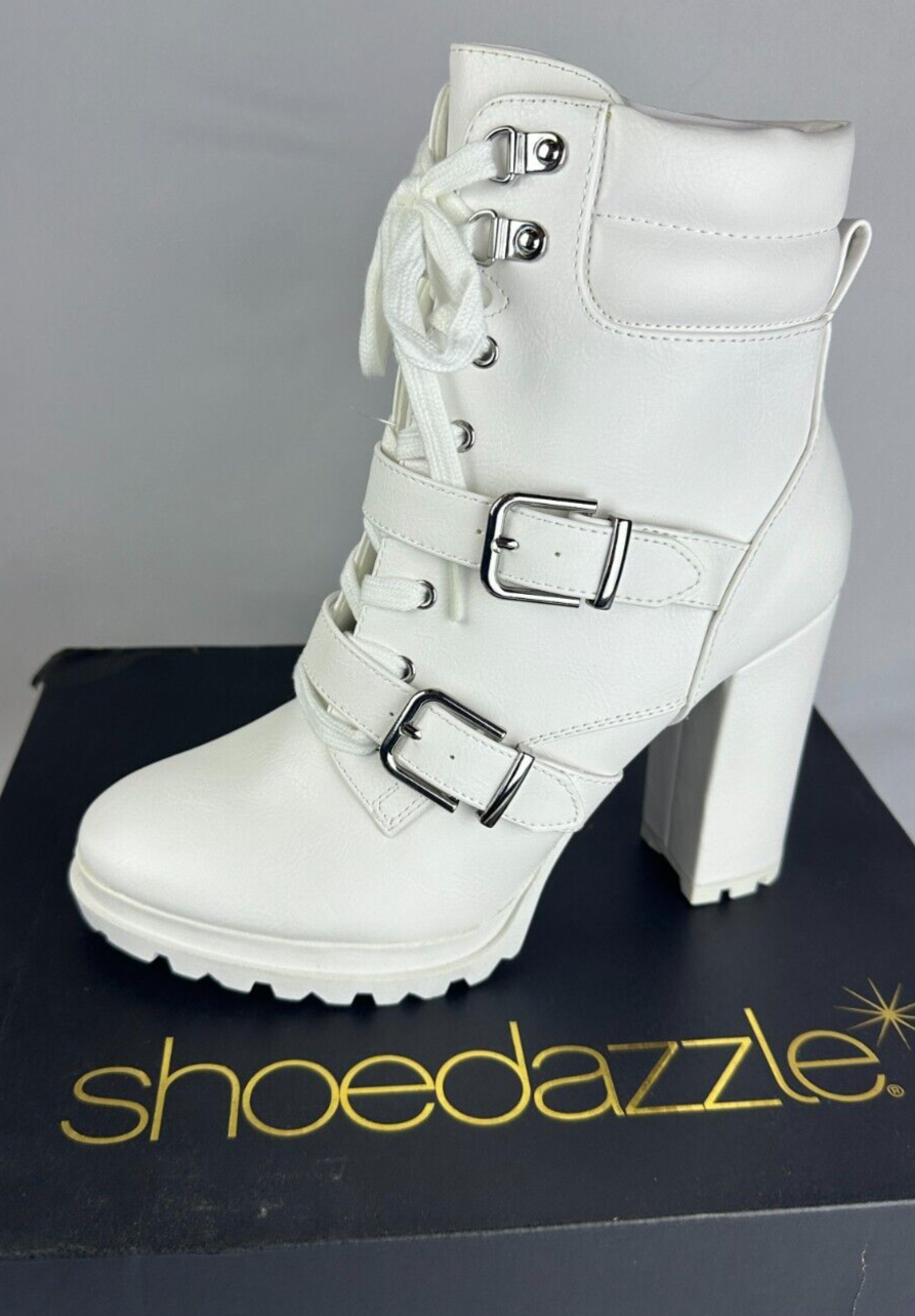 Shoe Dazzle Womens 9 Analisa Ankle Bootie Lace-Up Block Heel Lug Sole White Boot