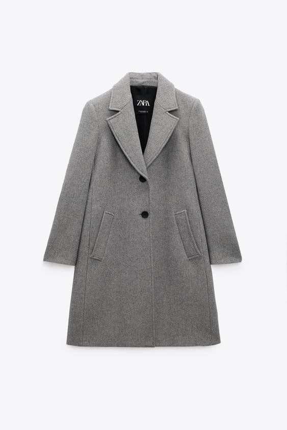 ZARA Womens L Wool Blend Fitted Coat Grey Collared Side Slash Pockets 7322/386
