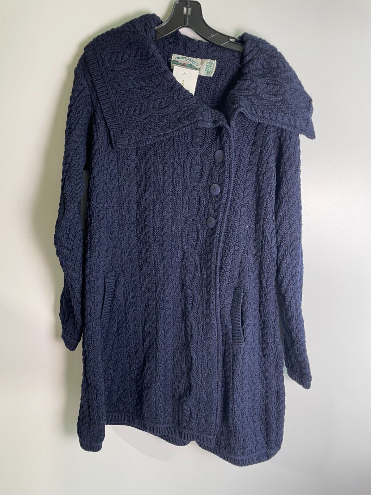Aran Crafts Women's L Cable Knit Merino Wool Large Collar Coat Sweater Navy Blue