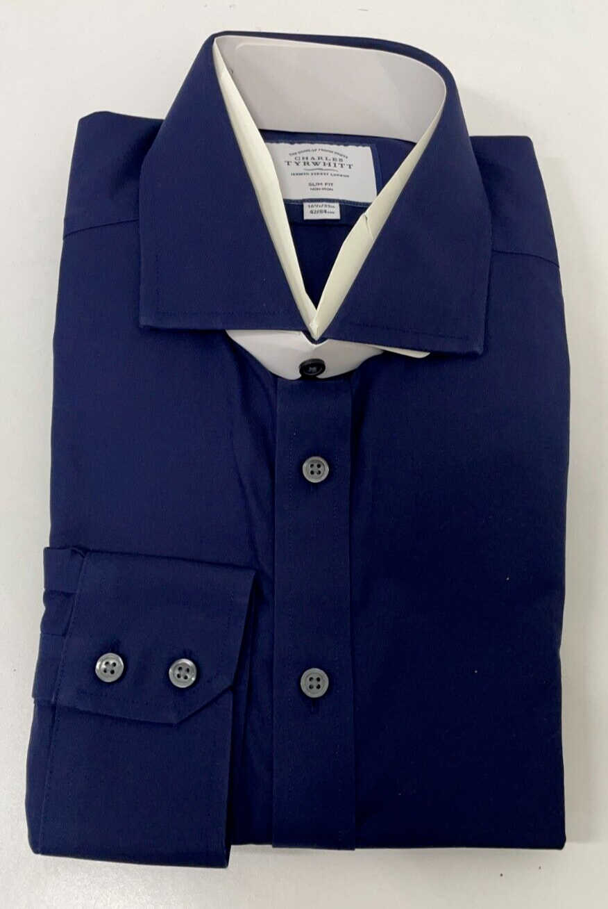 Charles Tyrwhitt Men 16.5/33 Non-Iron Twill Cutaway Slim Fit Dress Shirt Navy