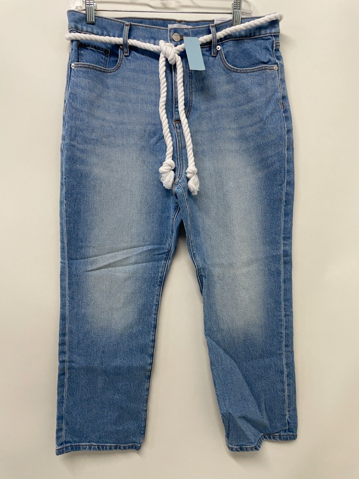 Loft Womens 30/10 Petite Tie Waist High Rise Straight Crop Jeans Light Wash
