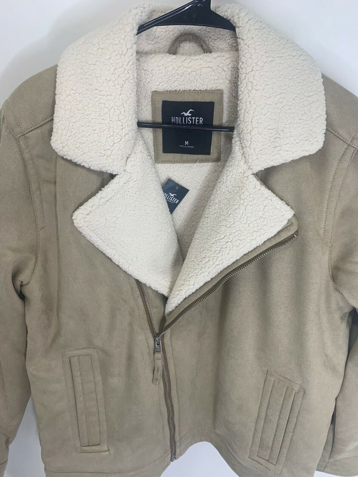 Hollister Womens M Beige Faux Shearling Cozy Biker Jacket Moto Sherpa