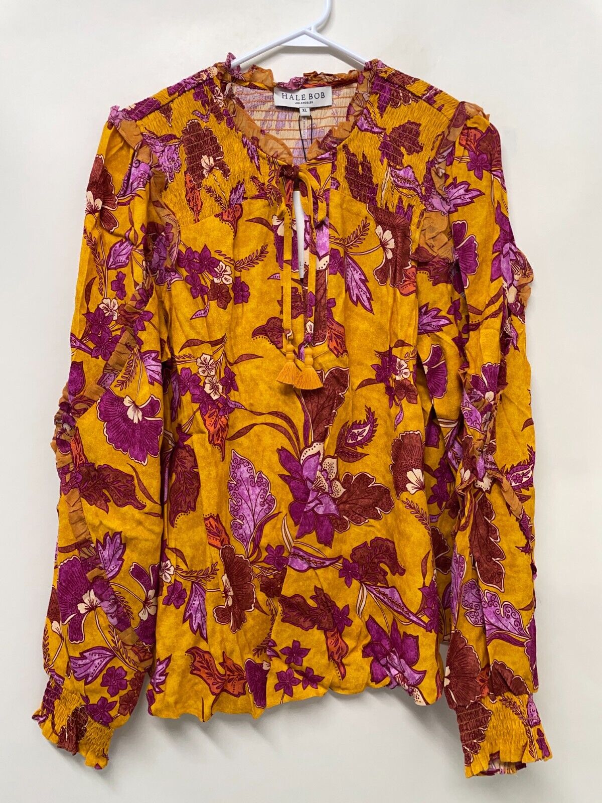 Hale Bob Womens XL Floral Top Orange Tassel V-Neck Long Sleeve Blouse 27AM2235