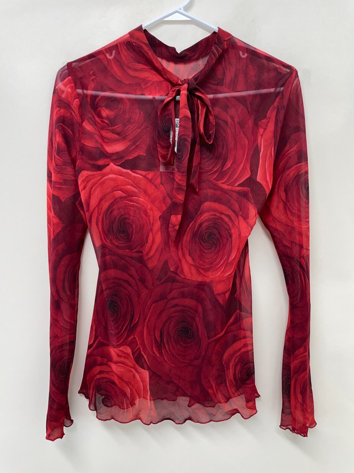 Mango Womens 6 Bow Printed Blouse Red Flowy Floral Long Sleeve Top 57097761