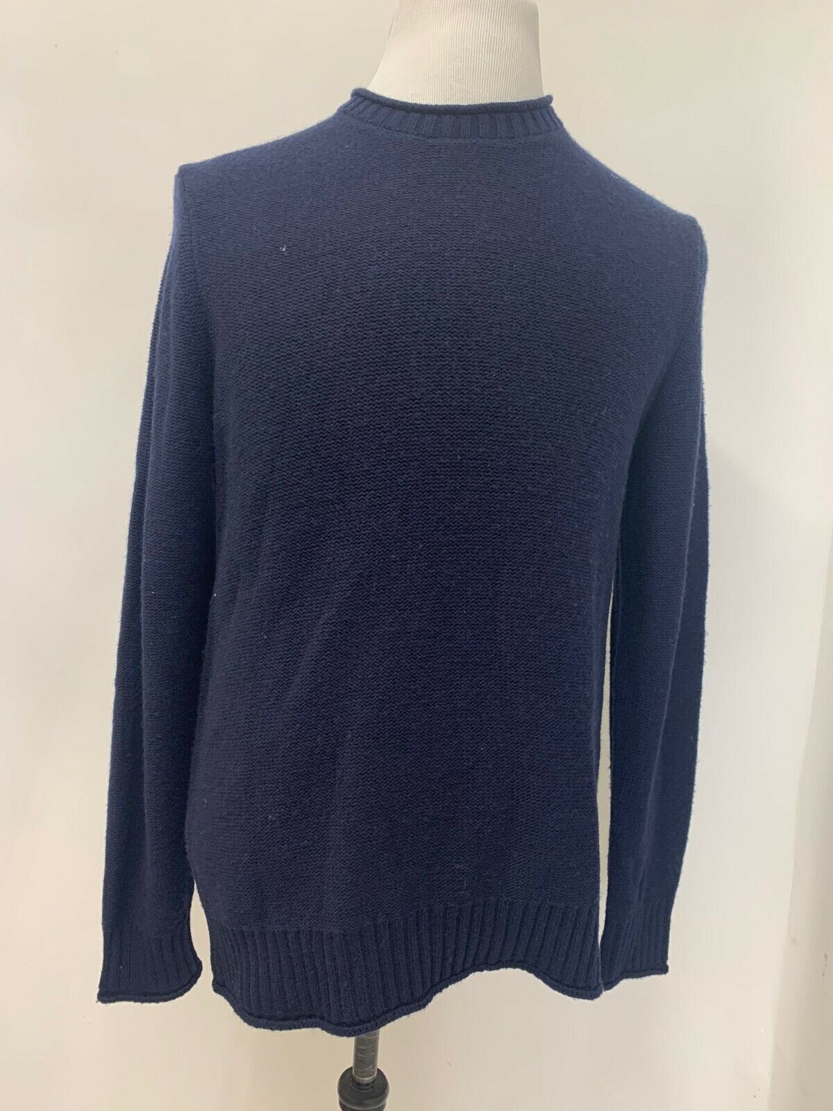 Amicale Mens M Navy Blue Rolled Edge Crew Neck Sweater Cashmere Blend Cotton