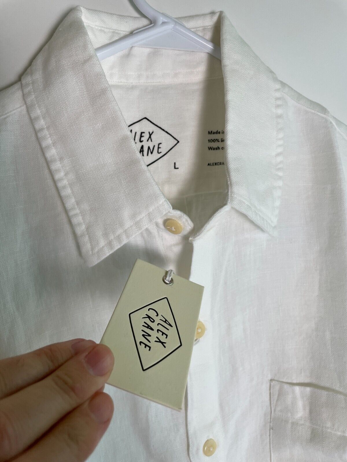 Alex Crane Men's L Ola Shirt French Linen Button Up Short Sleeve Snow White