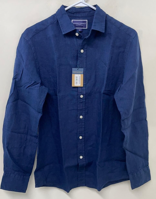 Charles Tyrwhitt Mens S Slim Fit Pure Linen Shirt Navy Blue Button Down Long