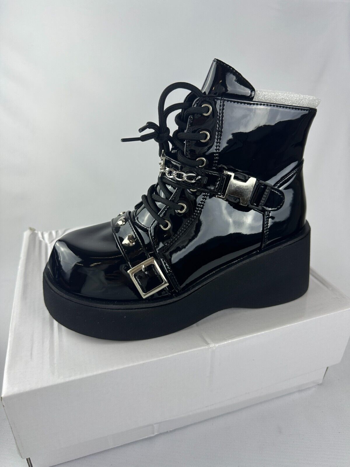 Romwe Womens EU 39 Platform Ankle Boots Black Faux Patent Leather Goth Punk Rave