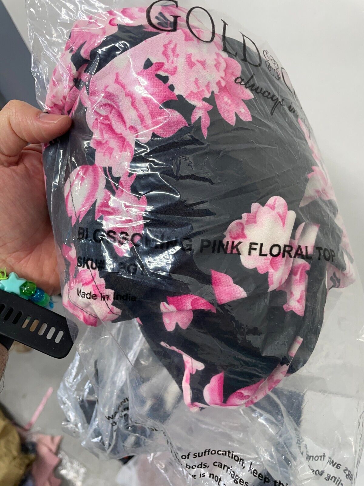 Gold Coast Womens M Blossoming Floral Top Black Pink Tie-Neck Long Sleeve Blouse