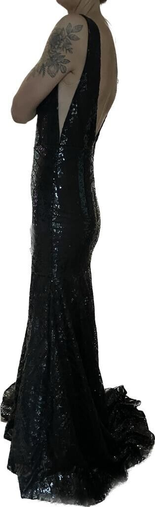 Vnaix Womens 2 Sequin V Neck Sleeveless Ball Gown Black Dress Wedding Train