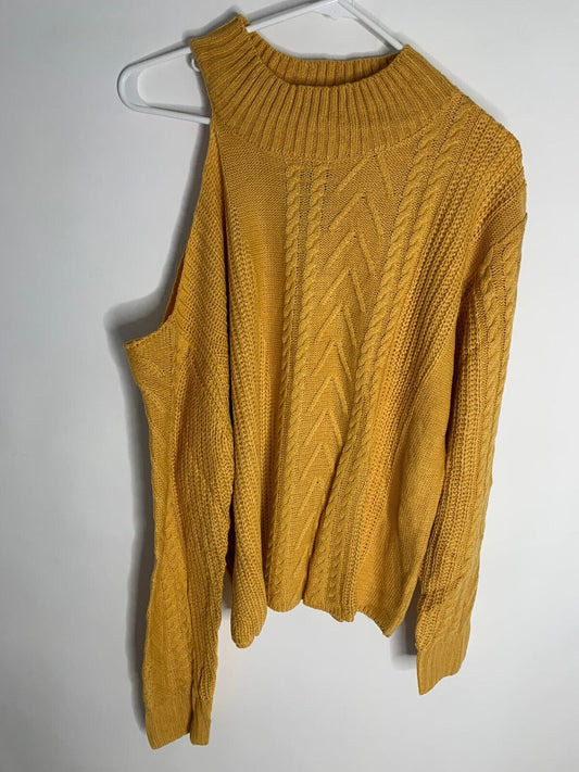 Ann Kaci California Womens Cut Out Drop Shoulder Cable Knit Sweater Yellow