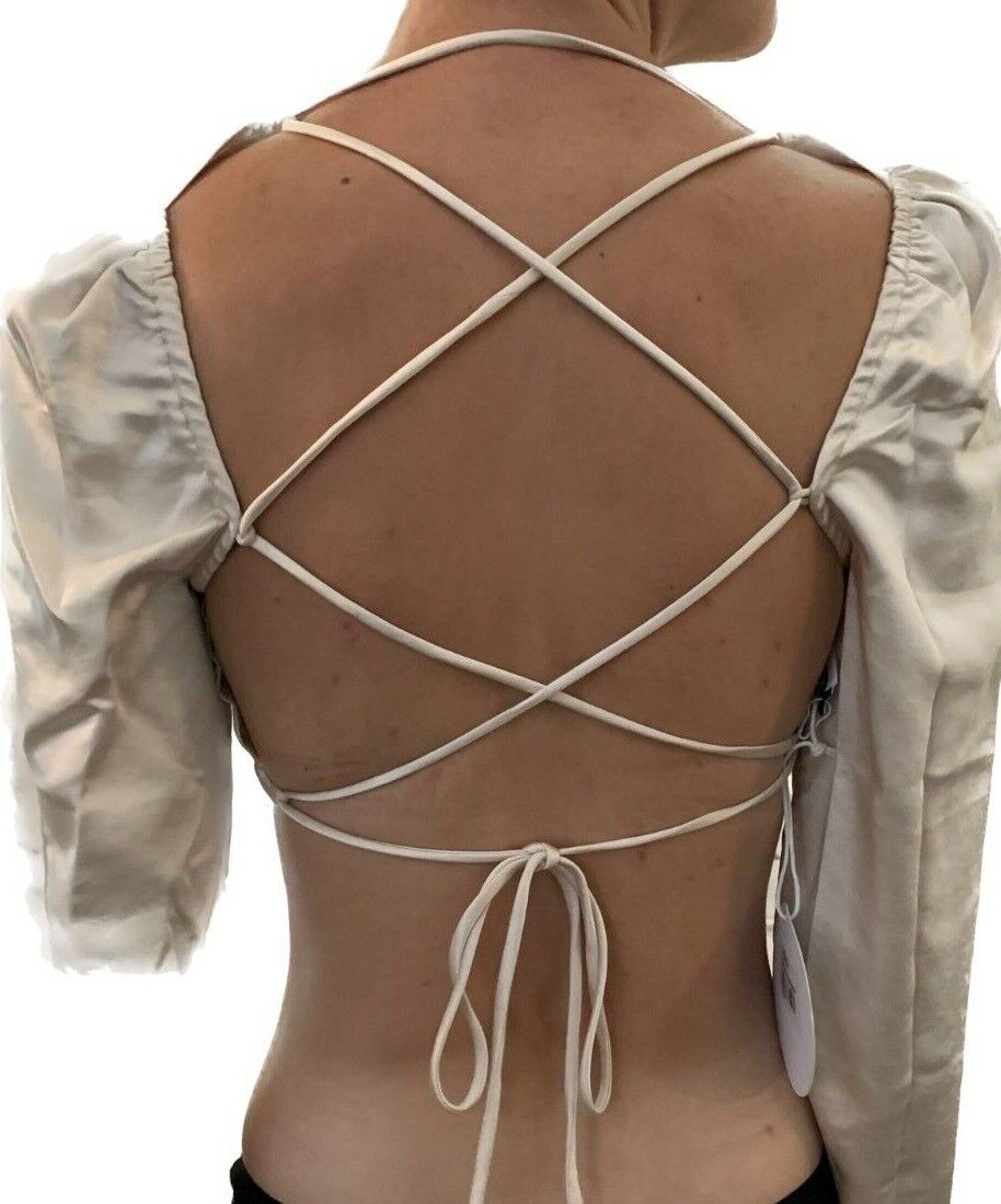 Princess Polly Womens Champagne Satin Dominica Crop Long Sleeve Top Strappy Back