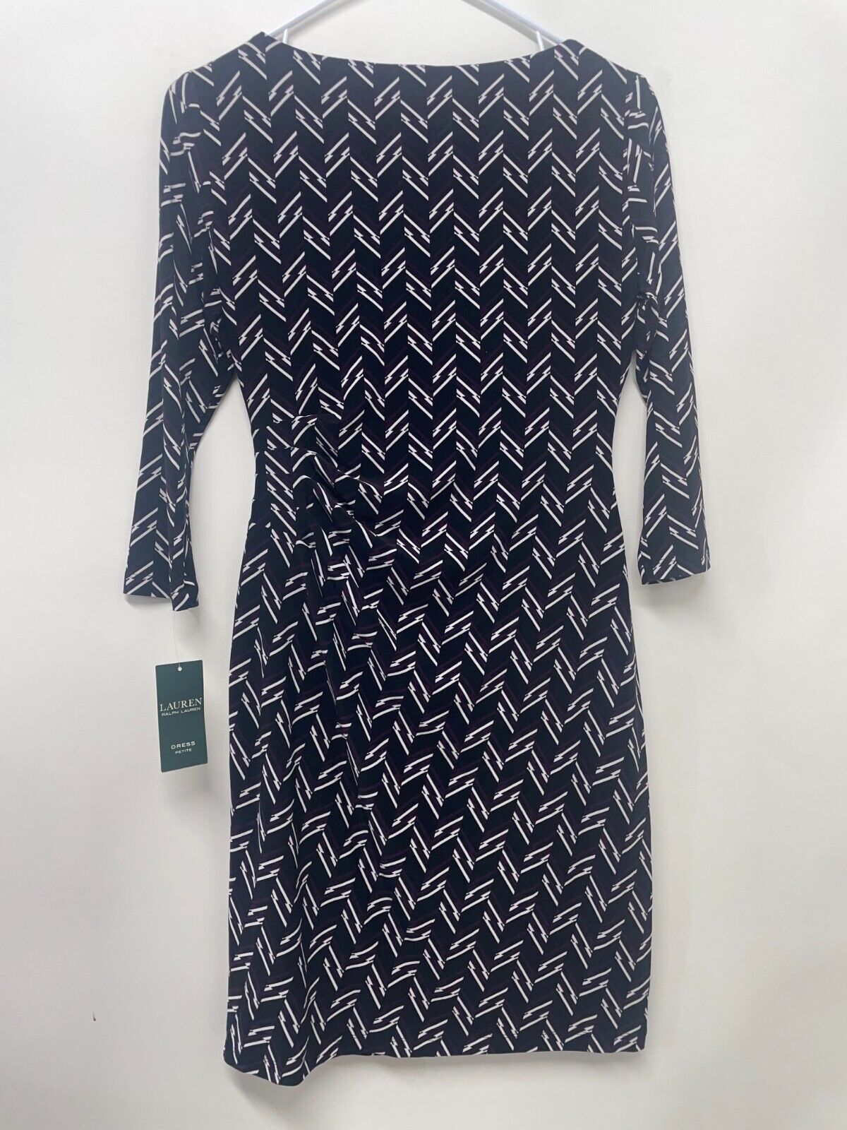 Lauren Ralph Lauren Womens 6P Jersey Printed Dress Black Cream Ruched Boat Neck