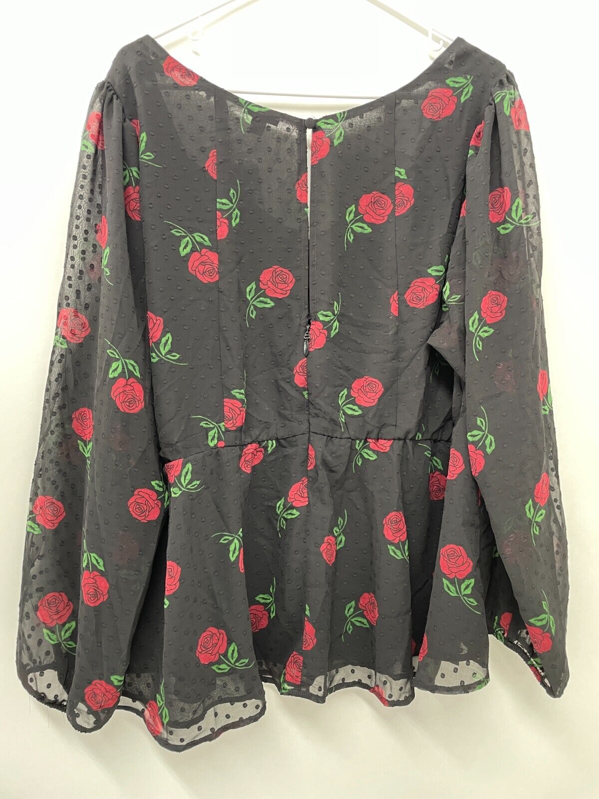 Torrid Womens 3X Peplum Chiffon Clip Dot Puff Sleeve Top Rose Black Floral Sheer