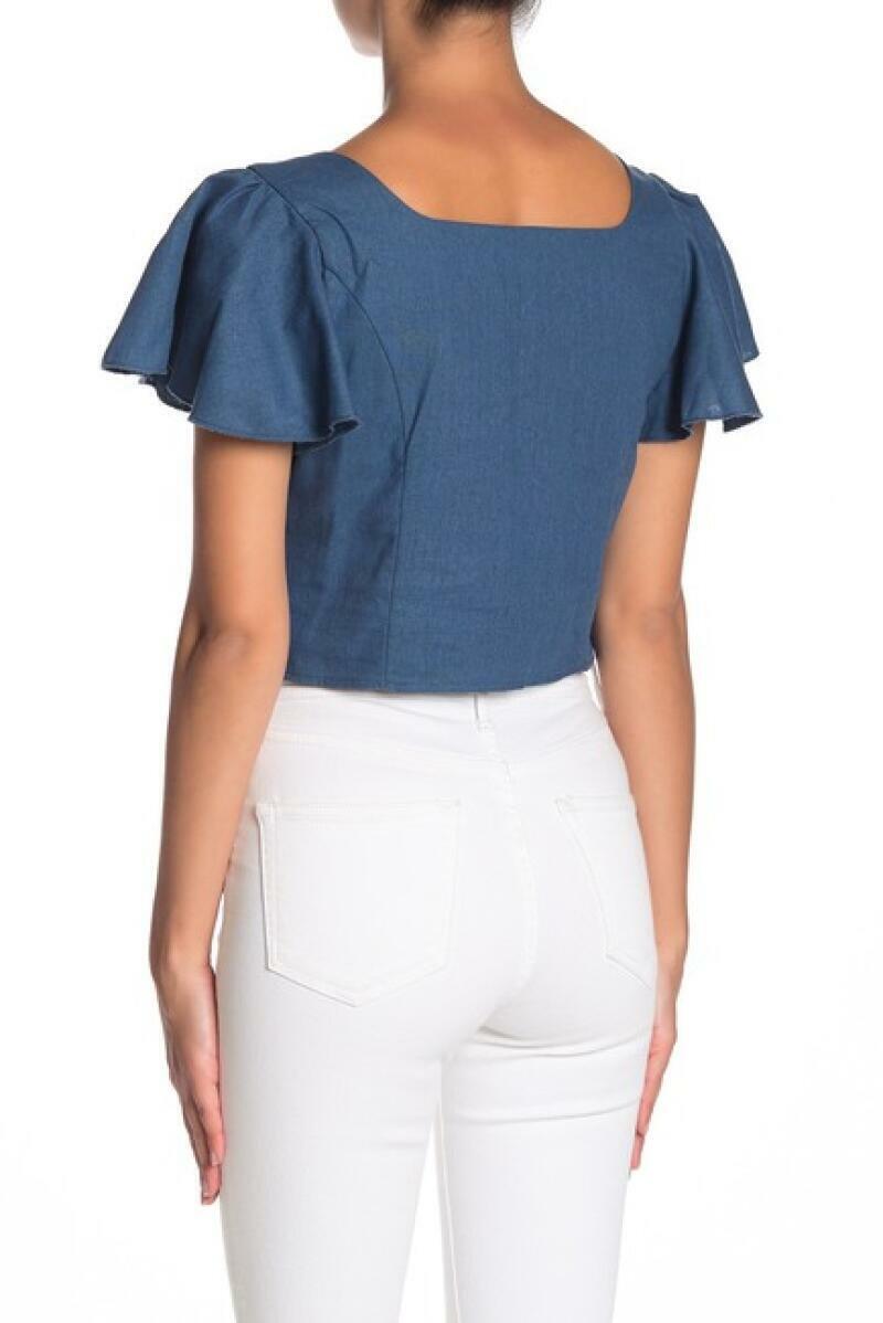 Band of Gypsies Womens L Dusty Blue Vancouver Flutter Sleeve Button Crop Top NWT