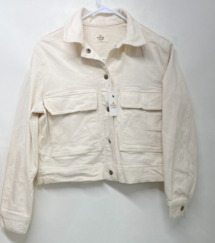 Marine Layer Women's M Ash Cropped Denim Jacket Natural Beige Trucker Jean