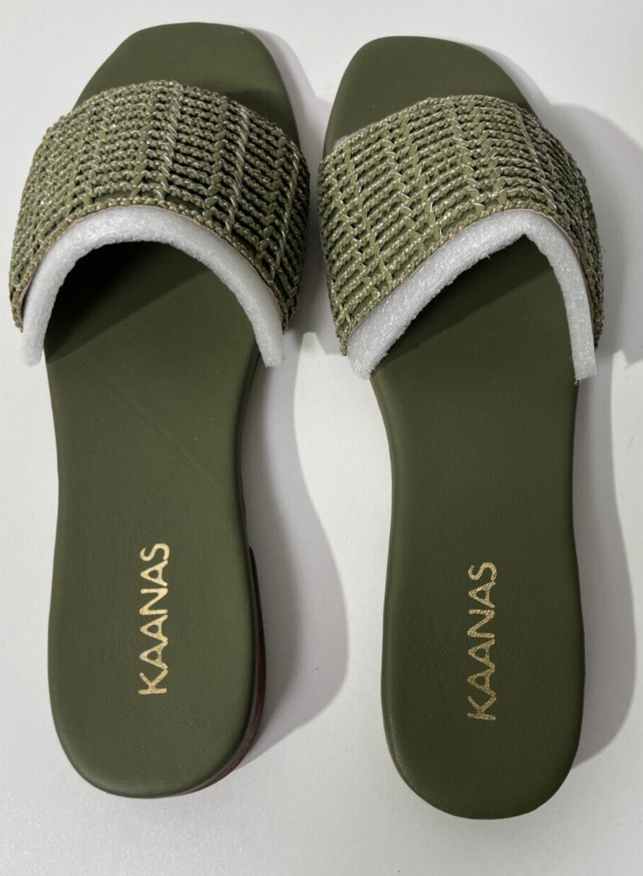 KAANAS Women's 8M Sardinal Metallic Fishnet Slide Sandal Olive Green S00115R