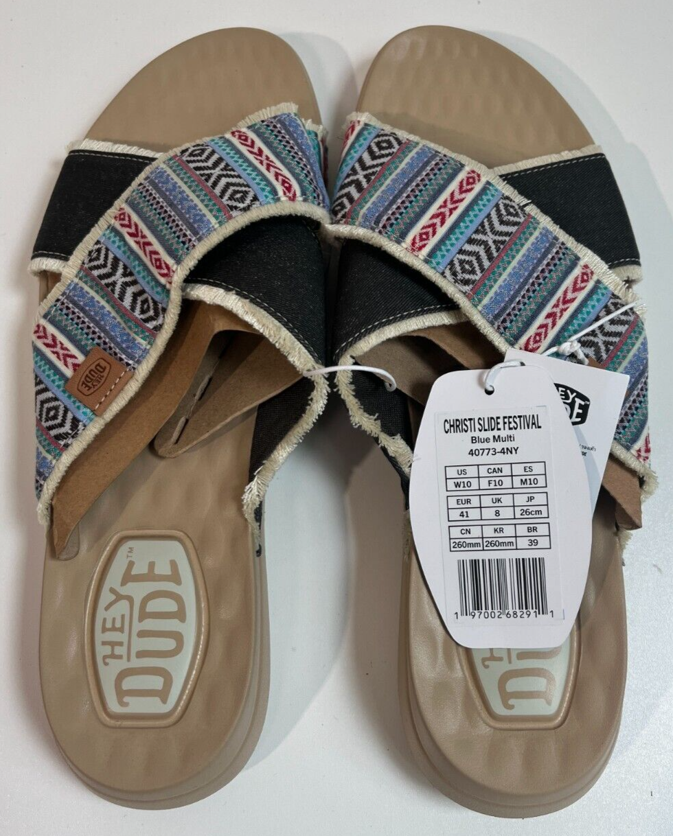 Hey Dude Women's 10 Cristi Slide Festival Blue Multi Print Sandals 40773-4NY