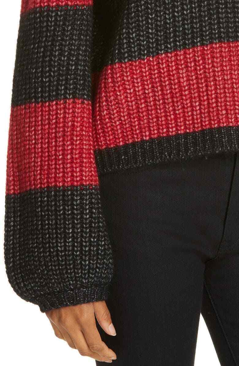 La Ligne Women S Red Black Knit Colorblock Balloon Sleeve Crop Sweater Mock Neck