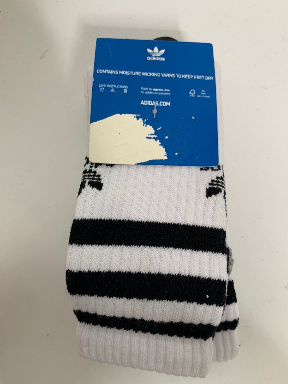 adidas Mens Adult 6-12 Crew Socks Stripe Trefoil 3 Pack Cushioned White Black