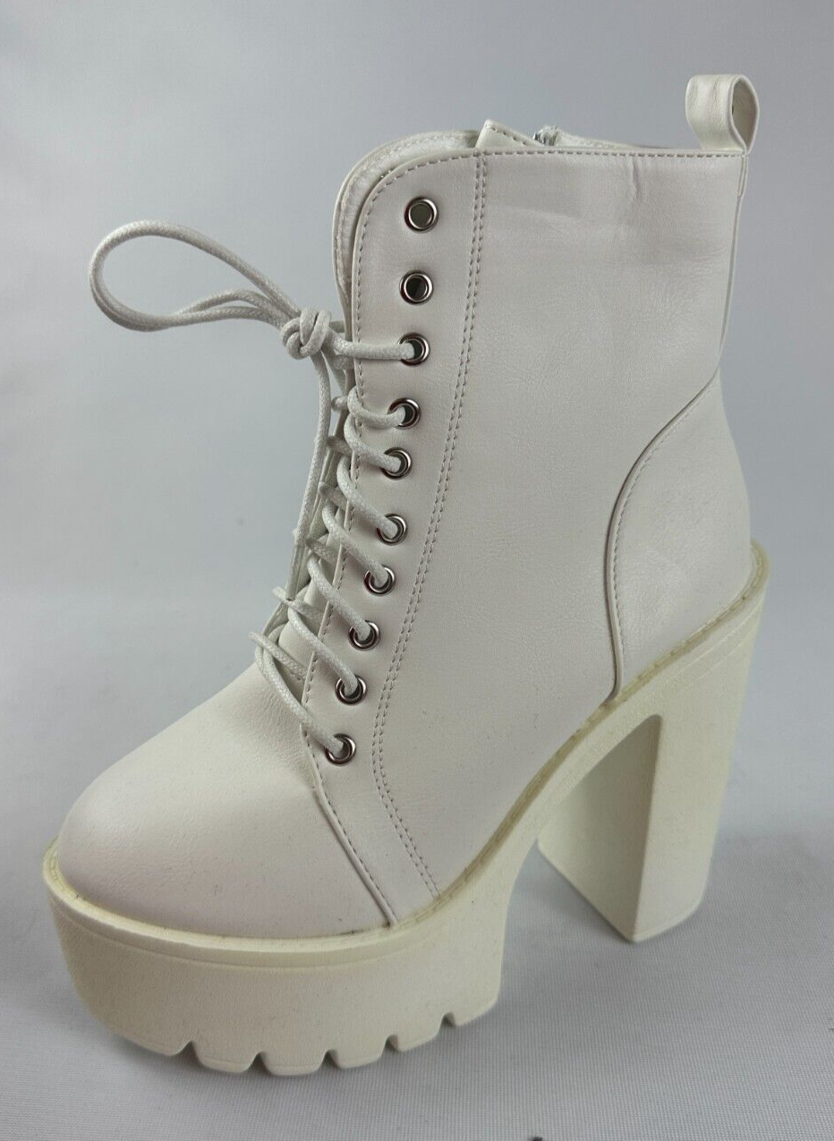 Womens Size 38 White Leather Platform Chunky High Heeled Boots Cosplay Costume