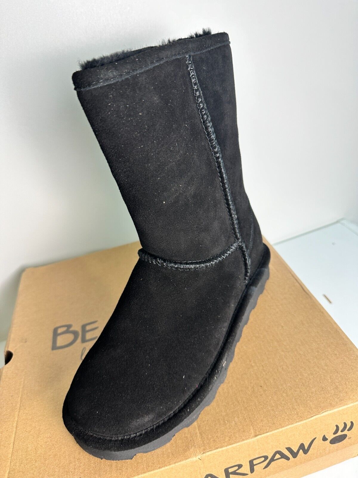 Bearpaw Women's 7 Elle Water Resistant Short Fur Boot Black Suede 1959W-011