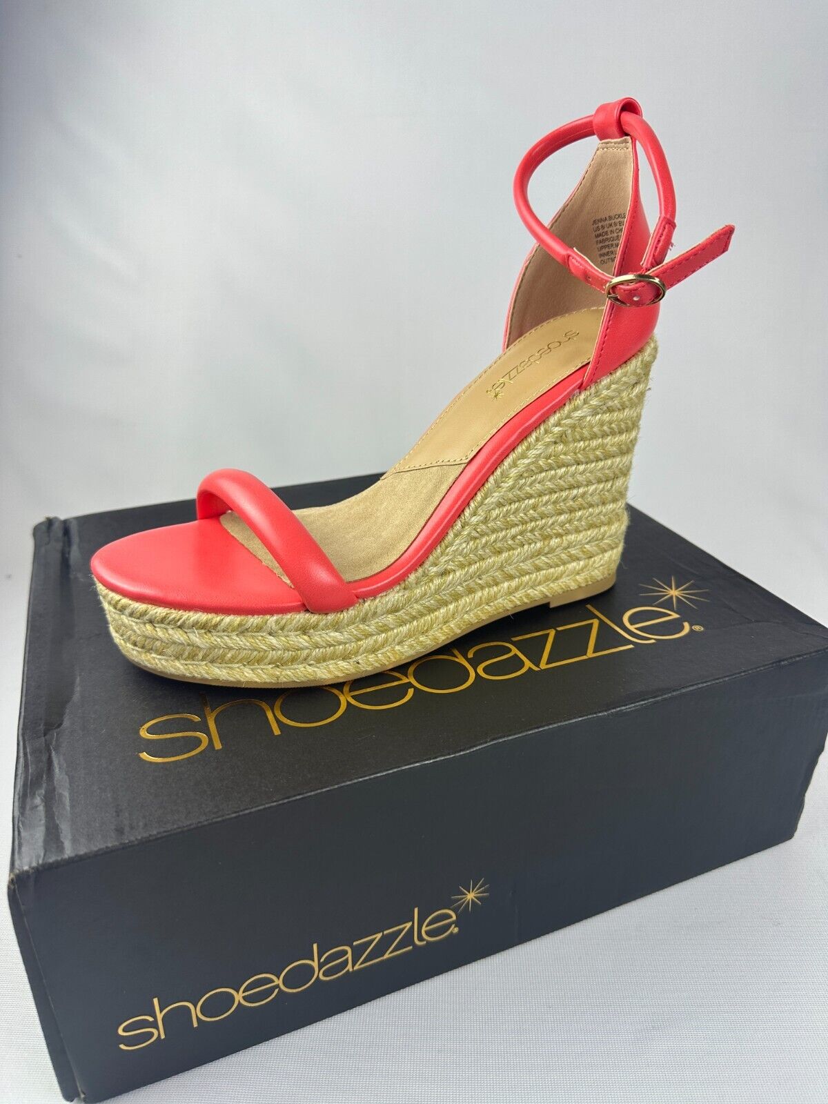 ShoeDazzle Womens 8 Jenna Buckle Hot Coral Espadrille Wedges Sandals Heels