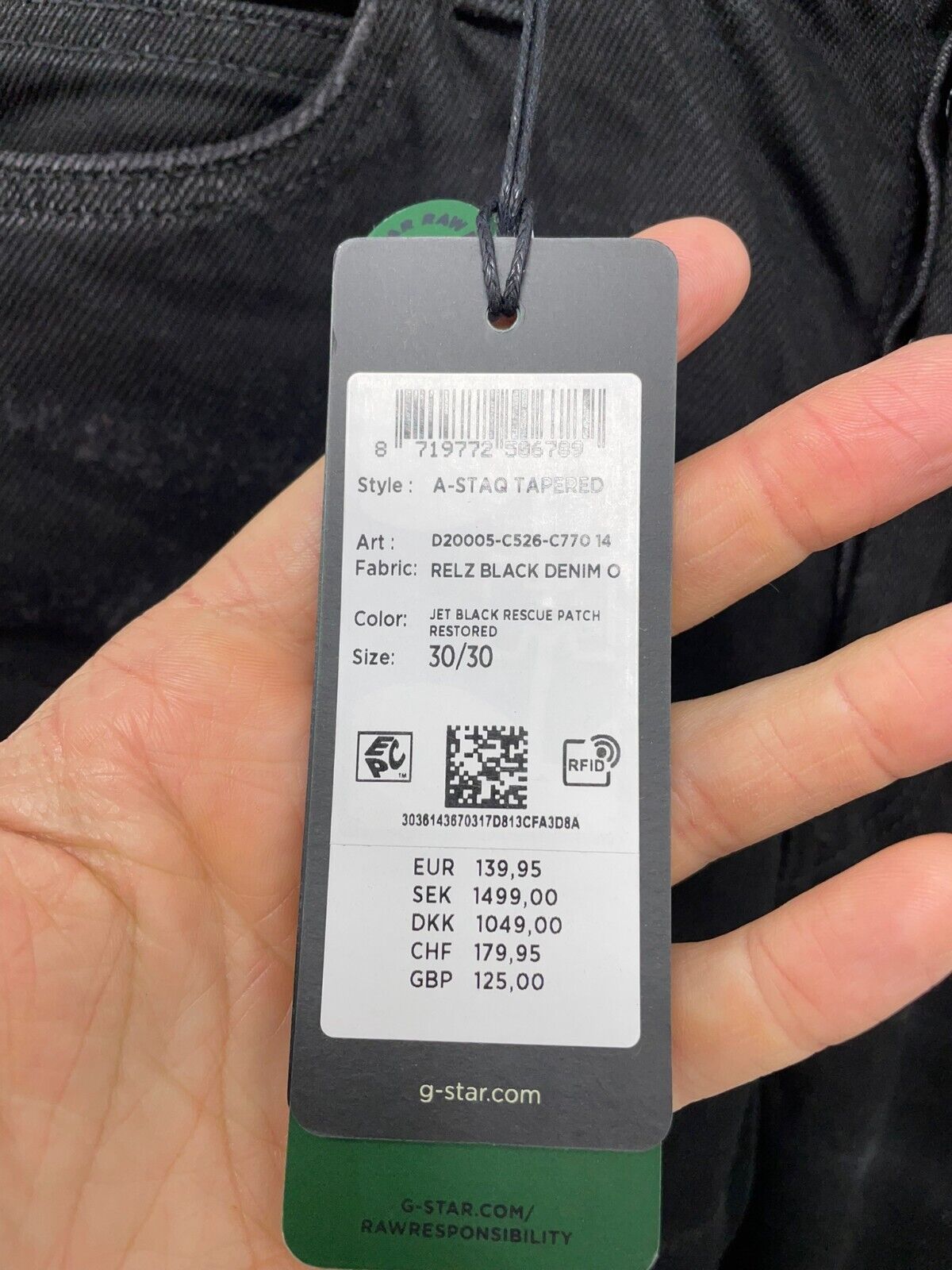 G Star Denim Mens 30x30 A-Staq Tapered Jet Black Rescue Patch Restored Jeans 32