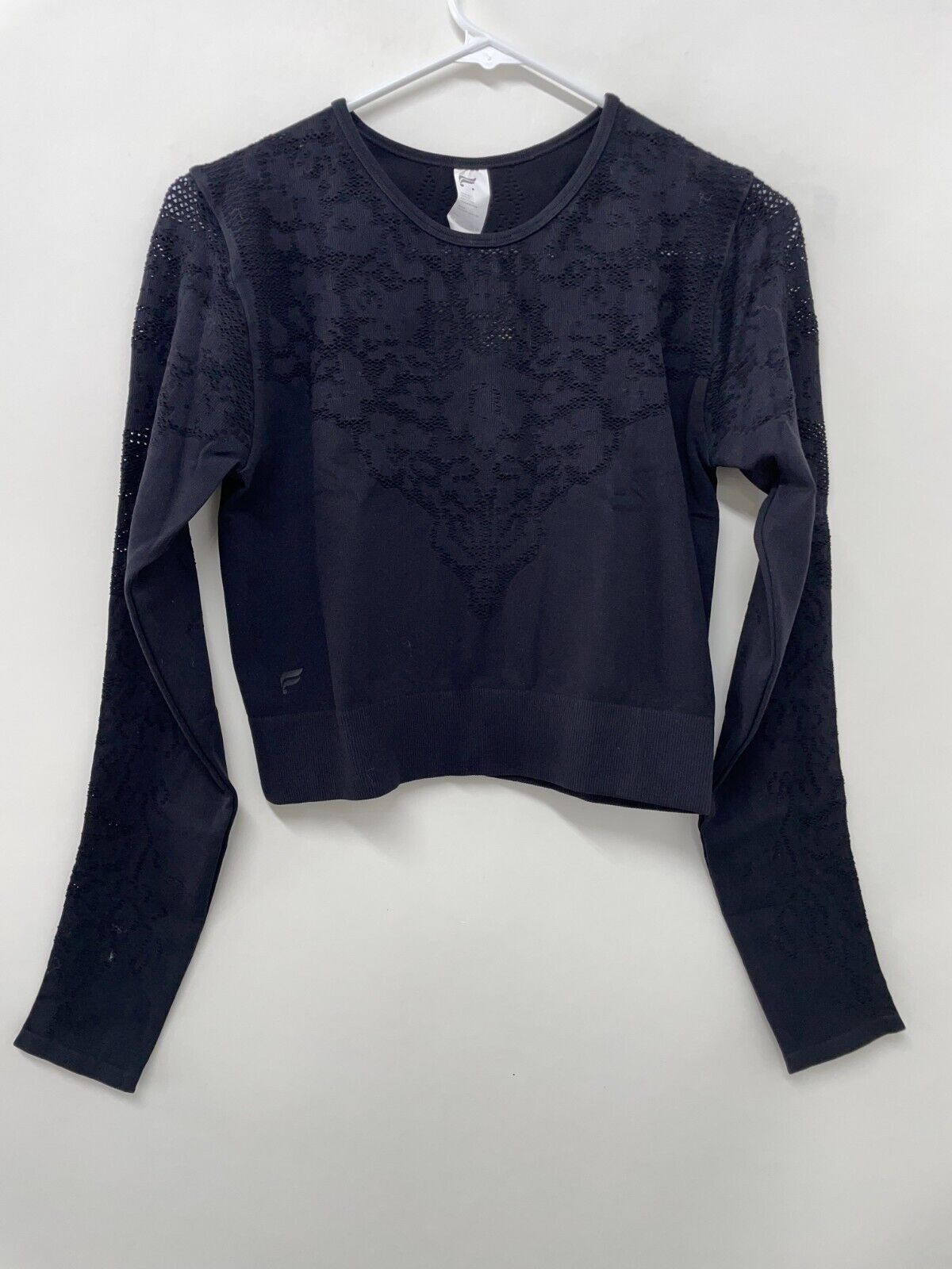 Fabletics Womens L Flora Seamless Long-Sleeve Top Black Cropped Jacquard Gym
