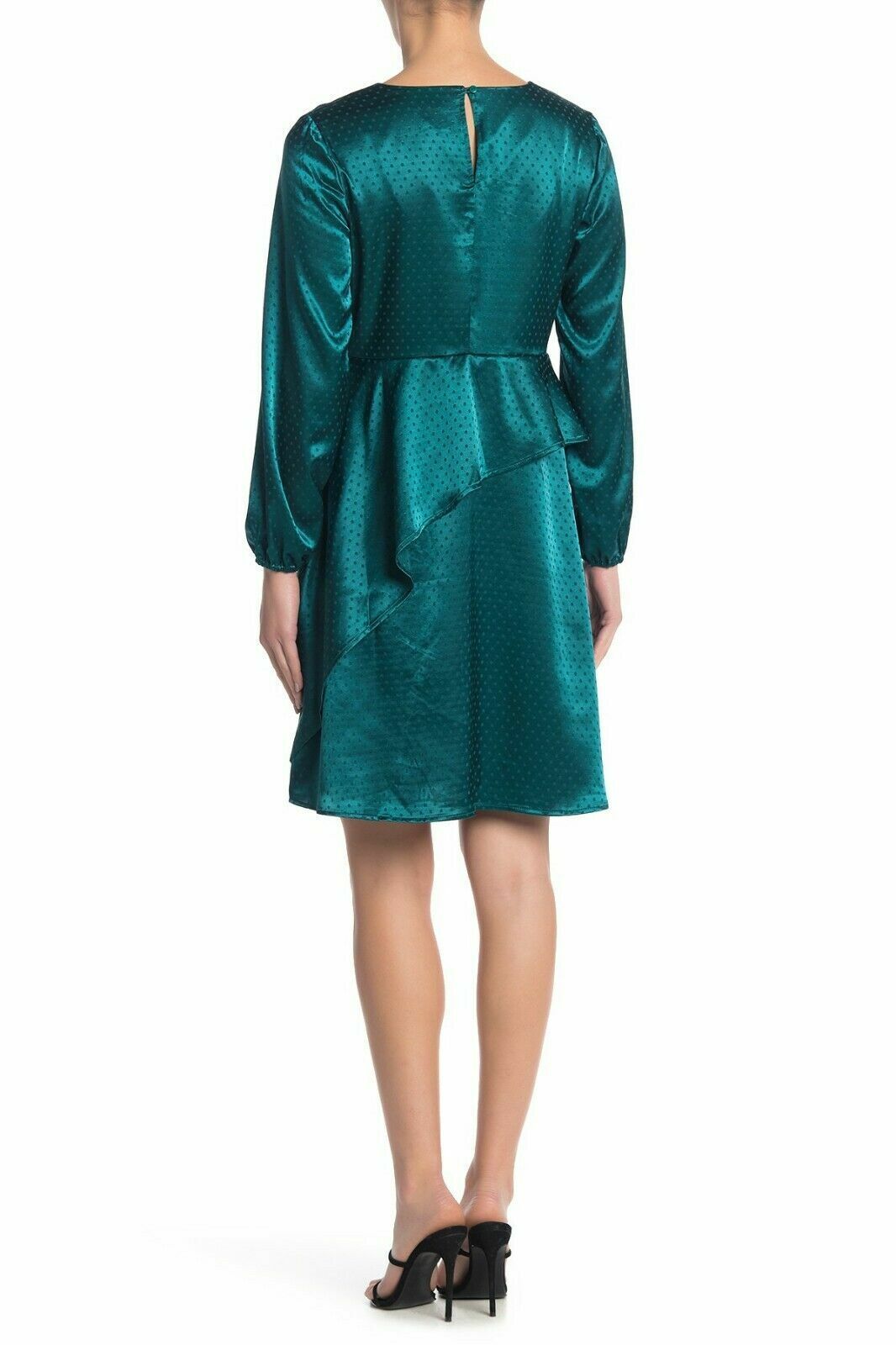 Spense Women 8 Green Satin Ruffle Polka Dot Dress V Neck Christmas Holiday Party