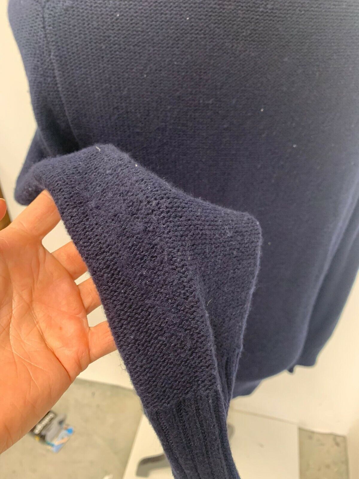 Amicale Mens M Navy Blue Rolled Edge Crew Neck Sweater Cashmere Blend Cotton