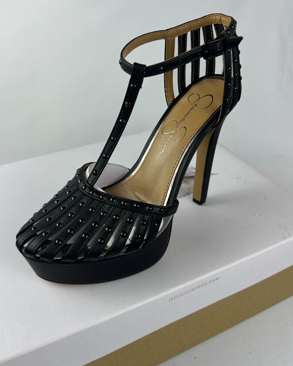 Jessica Simpson Womens 8 Bakir Black Ankle Strap Almond Toe Stiletto Heel